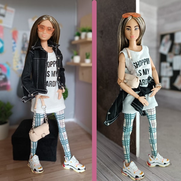 Jacket ,shirt, leggings and leather bag  for regular 11 inch 30cm female  doll