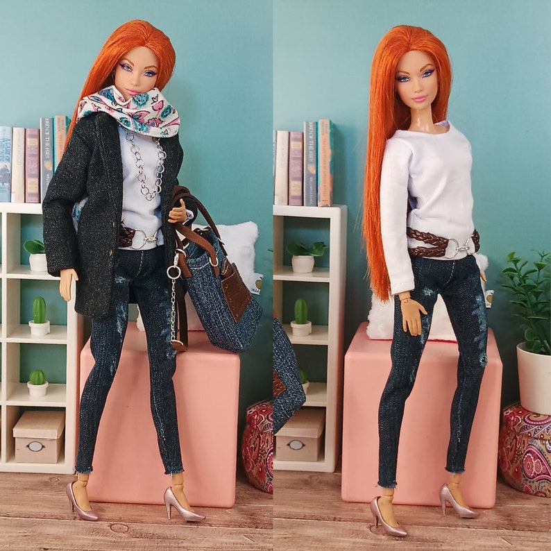 Veste, chemise, écharpe, pantalon, ceinture, sac, chaussures et collier pour poupée-femme de 11 pouces 30 cm image 1