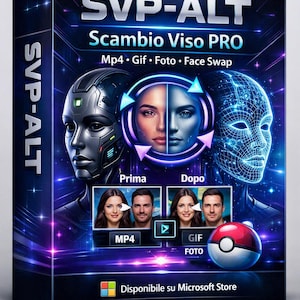 Puede incluir: Una caja de software para SVP-ALT Scambio Viso PRO con un fondo azul oscuro, una cabeza robótica, una cabeza de malla digital y un gráfico central de intercambio de caras. La caja muestra el texto Mp4, Gif, Foto, Face Swap, Prima, Dopo y Microsoft Store.