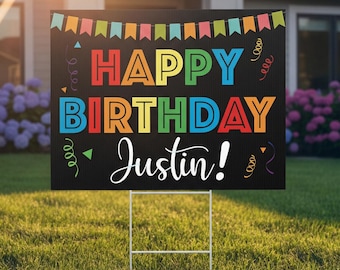 Letrero de cumpleaños para jardín con estaca en forma de H, letreros de cumpleaños personalizados para exteriores, decoraciones personalizadas para césped, 61 x 45 cm, doble cara