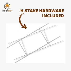 Puede incluir: Un marco de metal plateado en forma de H para letreros. La imagen incluye el texto HONEYSIGN y H-STAKE HARDWARE INCLUDED con una flecha marr&oacute;n que apunta hacia la estructura de alambre, la cual consta de dos bucles rectangulares.