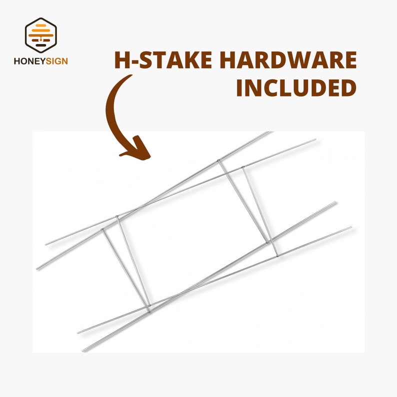 Puede incluir: Un marco de metal plateado en forma de H para letreros. La imagen incluye el texto HONEYSIGN y H-STAKE HARDWARE INCLUDED con una flecha marr&oacute;n que apunta hacia la estructura de alambre, la cual consta de dos bucles rectangulares.