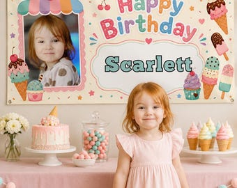 Banner de cumpleaños de helado con foto / Fondo de fiesta pastel personalizado / Decoración de cumpleaños personalizada para el primer cumpleaños / Letrero de vinilo para exteriores
