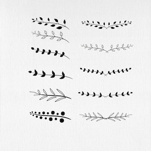 Könnte beinhalten: Ein Satz von zehn schwarzen und weißen floralen Trennlinien. Die Trennlinien bestehen aus einfachen Linien und Kreisen und schaffen einen zarten und eleganten Look.