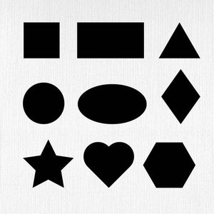 May include: A set of nine black geometric shapes, including a square, rectangle, triangle, circle, oval, diamond, star, heart, and hexagon.