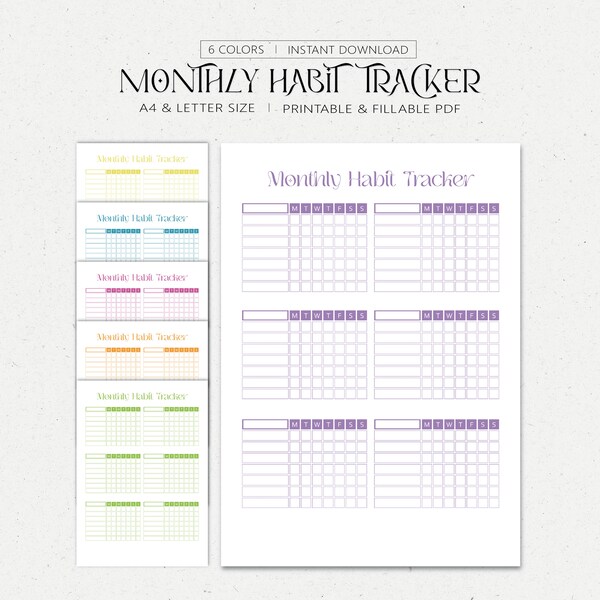 Simple Monthly Habit Tracker, Weekly Habit Tracker, PDF, Printable Fillable Template, A4 and US Letter