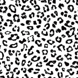 May include: A seamless pattern of black leopard spots on a white background. The spots are various sizes and shapes, creating a dynamic and energetic design.