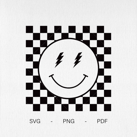 Checkered Pattern Smiley Face Svg Lightning Bolt Svg Retro Etsy UK