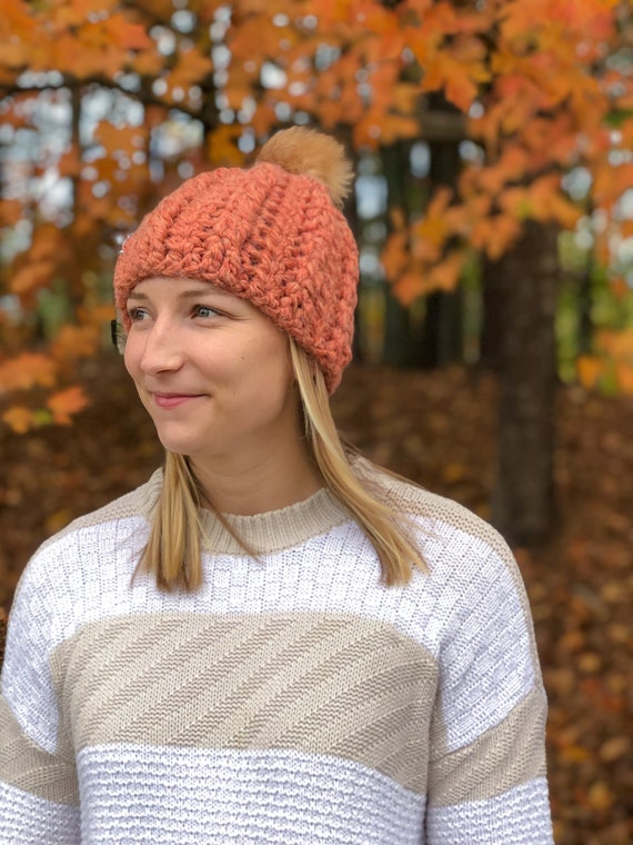 Cabled Winter Hat With Pom Pom / Orange Winter Hat / Beanie / | Etsy
