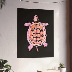 Whimsical Pink Turtle Art Print, Cute Turtle Illustration Poster, Pink Turtle on Black Wall Art Decor