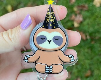 New Years Sloth Badge Reel with Slide Clip