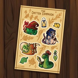 Folha de adesivos da campanha Critter! - A5 DnD presente engraçado fofo à prova d'água geek nerd D&D fofo kawaii fantasia poção criaturas sapo rato caracol cobra