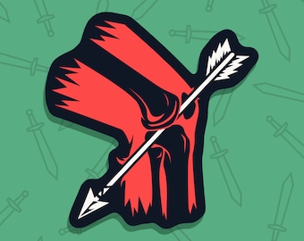 May include: A stylized graphic of a red skull pierced by a white arrow, set against a green background with sword outlines. The skull has black outlines and details, creating a bold, eye-catching design.