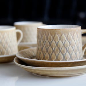 2 x Quistgaard &#39;Relief&#39; teacup, saucer and cake plate - IHQ tableware, midcentury 50s modern design, Bing & Grondahl, Scandinavian stoneware