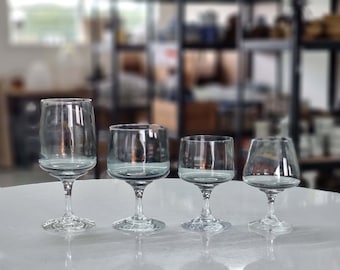 Vintage Atlantic glasses by Per Lütken for Holmegaard, 1960s mcm Danish modern , Scandinavian retro glassware, white, red, beer, cognac