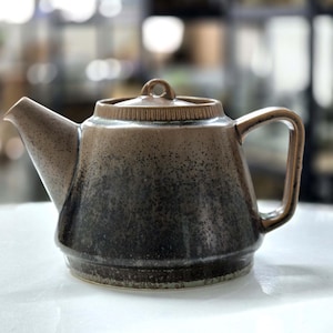 Op de afbeelding: Een bruine en zwarte gespikkelde keramische theepot met een deksel. De theepot heeft een rond lichaam en een tuit aan de ene kant. De handgreep bevindt zich aan de andere kant van de tuit.