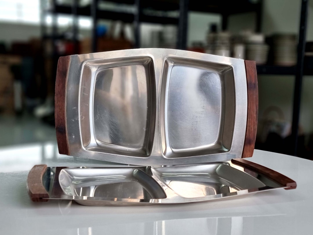 Set of Large Stainless Steel Serving Dishes W. Teak Handles, Danish Vintage Serveware