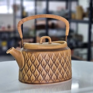 Op de afbeelding: Een bruine theepot van keramiek met een gevlochten handvat en een bladmotief. De theepot heeft een deksel en een tuit.