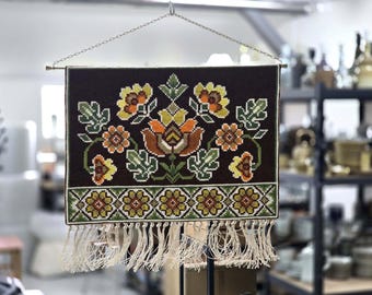 Swedish folklore, vintage embroidered wall hanging, 70s floral needlework, Scandinavian mid-century modern retro home decor, crafted decor