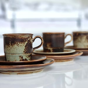 2 x Porsgrund &#39;Lava&#39; vintage stoneware coffee sets, Norwegian 70s retro serveware, mid-century modern tableware, Scandinavian design