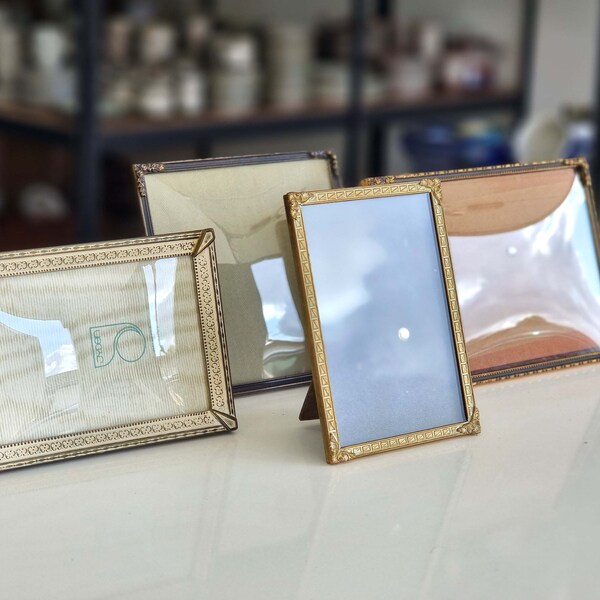 SPECIAL: Selection of four 40s-50s picture frames, Art Deco ornate, brass photo display, original Danish design, desk acessorie, family tree