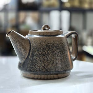 Op de afbeelding: Een bruine theepot van keramiek met een gespikkeld glazuur. De theepot heeft een rond lichaam en een tuit aan de zijkant. De handgreep bevindt zich aan de andere kant van de tuit.