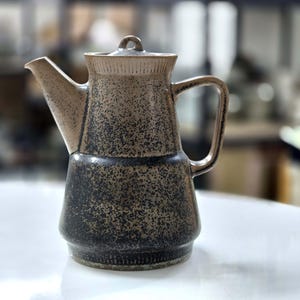 May include: A brown and black speckled ceramic teapot with a lid and a handle. The teapot has a textured surface and a slightly flared base.