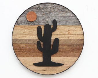 Desert Saguaro Cactus wood wall art,   reclaimed wood wall art, round wood wall art, barrel cactus art, desert landscape art