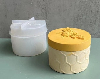 Honeycomb cylinder concrete jar with lid mold Silicone candle Vessel Mold jewelry Storage Box silicone Mold Honeycomb bee pot silicone mold