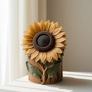 Puede incluir: Una escultura decorativa de girasol. La escultura presenta un girasol grande y detallado con pétalos amarillos y un centro marrón oscuro. La base tiene forma cilíndrica con una textura similar a la madera, adornada con hojas verdes y una rama.