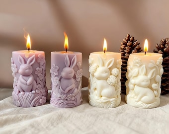 Molde de silicona para vela de pilar de conejo - Molde para vela de conejo de Pascua en relieve - Molde cilíndrico para vela perfumada - Molde de silicona para vela de cera de soja/cera de abeja DIY