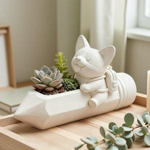 May include: A white ceramic planter shaped like a pencil, featuring a smiling corgi dog with a backpack. The planter holds succulents and small green plants. The overall design is whimsical and decorative.