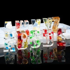 May include: Clear resin letters with dried flowers and gold glitter. The letters A, B, E, G, I, N, R, V, and Y are visible, along with the number 7. Each letter is filled with colorful dried flowers, creating a unique decorative item.