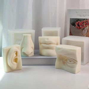 May include: Off-white, sculpted wax molds of human facial features, including an ear, nose, lips, and an eye. The molds are displayed on a white surface, with a book titled "INDIVIDUALISM" in the background.