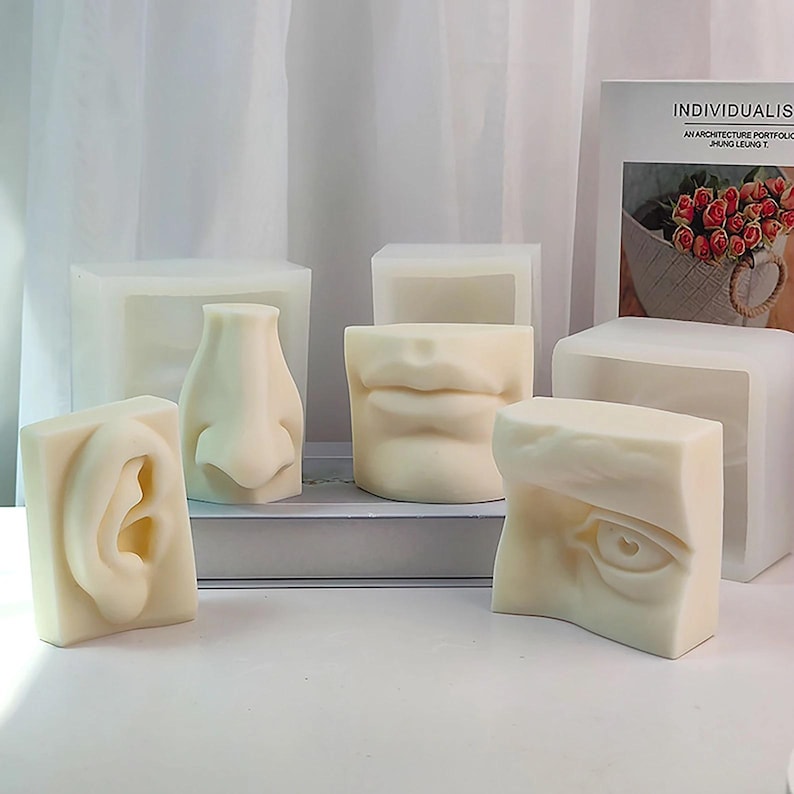 May include: Off-white, sculpted wax molds of human facial features, including an ear, nose, lips, and an eye. The molds are displayed on a white surface, with a book titled "INDIVIDUALISM" in the background.