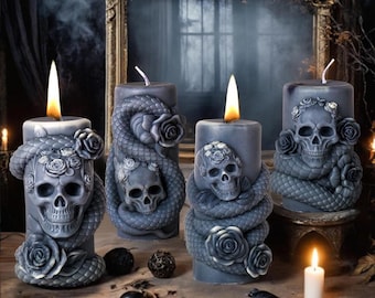 Skull Candle Silicone Mold-Skull pillar Candle Mold-Skull Snake Candle Mold-Halloween Candle Mold-Flower Vines With Skull Ornaments Mold