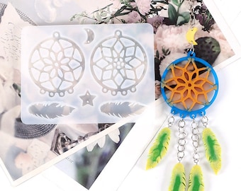 Dreamcatcher Silicone Mold-Dreamcatcher Orecchini Mold-Feather Portachiavi Mold-Star Moon Feather Resin Mold-Peossidica Resina piuma pendente Mold