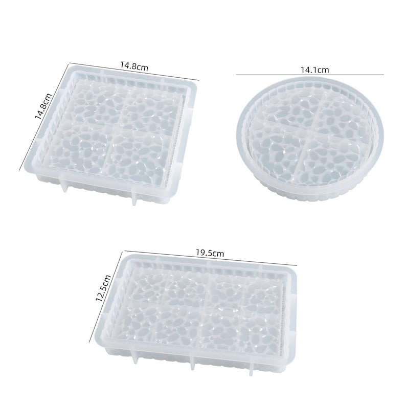 May include: Three clear silicone molds for crafting. The square mold measures 5.8 inches by 5.8 inches, the round mold is 5.5 inches in diameter, and the rectangular mold is 7.7 inches by 4.9 inches. Each mold has a textured interior.