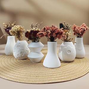 Pode incluir: Uma coleção de sete pequenos vasos de cerâmica branca, cada um com flores secas. Os vasos têm várias formas e texturas, incluindo recortes florais e desenhos geométricos. Estão dispostos sobre um descanso de mesa tecido.
