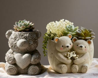 かわいいクマの花瓶シリコンモールド - カップルのクマのキャンドルジャー樹脂モールド - 多肉植物プランターポットモールド - ジェスモナイト石膏コンクリートキャンドル容器モールド