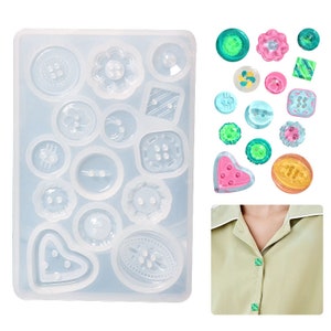 May include: A clear silicone mold with various button shapes, alongside a collection of colorful buttons. The buttons are in shades of green, pink, and yellow. A person is wearing a light green shirt with green buttons.