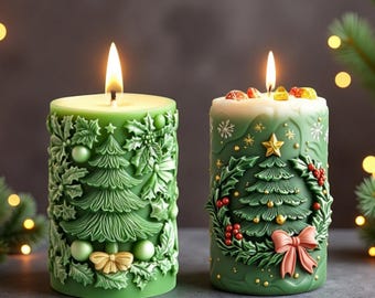 Christmas Candle Silicone Mold-Christmas Tree Relief Pillar Candle Mold-Cylinder Soy Wax Candle Mold-Christmas Embossed Candle Mould