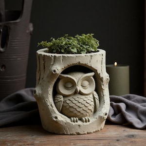 May include: A beige owl planter with a textured, tree-trunk design. The owl is sculpted with closed eyes, and the planter holds green foliage. The planter is made of a durable material and is suitable for indoor or outdoor use.