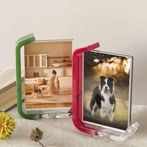 May include: Two contemporary photo frames. One frame has a green accent, the other is red. Each frame holds a photograph. One photo shows a girl and a dog, the other a black and white dog. The frames are on a white surface.