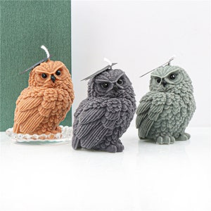 May include: Three owl-shaped candles in shades of brown, gray, and green. The candles have detailed feather textures and black eyes. The brown candle sits on a clear, scalloped dish. Each candle has a wick and a small tag.