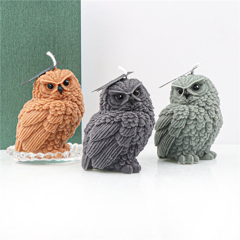 May include: Three owl-shaped candles in shades of brown, gray, and green. The candles have detailed feather textures and black eyes. The brown candle sits on a clear, scalloped dish. Each candle has a wick and a small tag.
