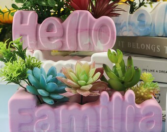 Letter flower pot silicone mold-Hello succulent basin concrete mold-plaster candle vessel mold-resin storage box mold-candle container mold