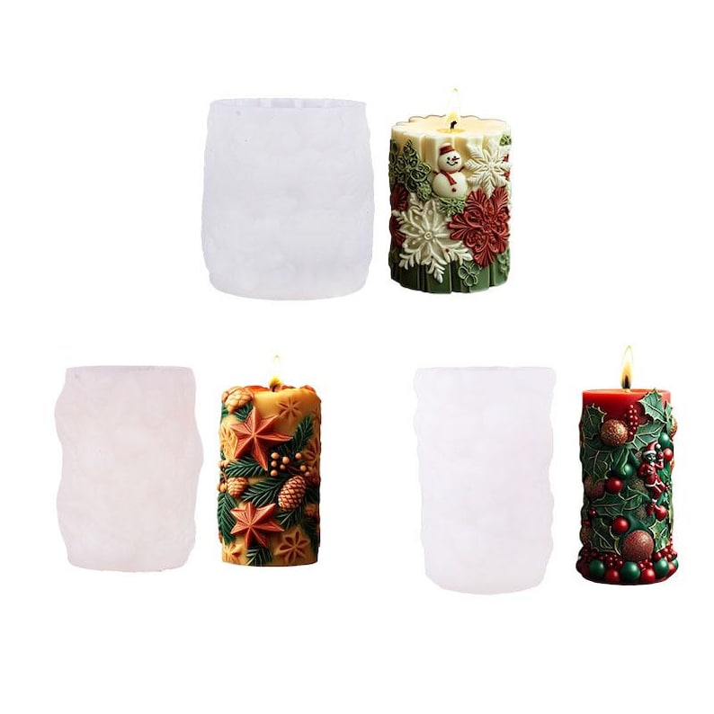 May include: A collection of Christmas-themed candles, some lit, with intricate designs. One candle features a snowman and snowflakes, another has stars and pinecones, and the last one has holly and berries. Also included are the molds used to create the candles.