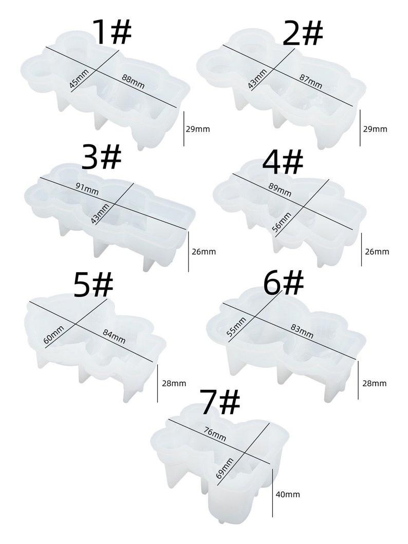K&ouml;nnte beinhalten: Eine Sammlung von sieben transparenten Silikonformen zum Basteln. Jede Form hat eine einzigartige Form und Gr&ouml;&szlig;e, mit Messungen in Millimetern. Das Bild enth&auml;lt Abmessungen wie 88 mm, 87 mm und 91 mm. Die Formen sind von 1 bis 7 nummeriert.