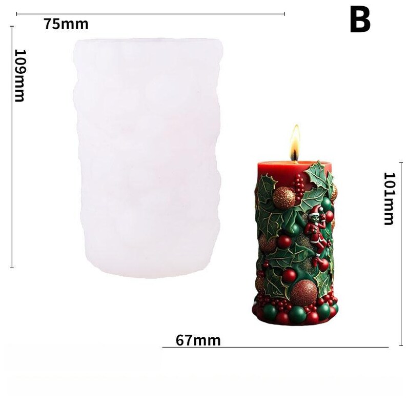 May include: A white, textured candle mold, 109mm tall and 75mm wide, next to a lit red candle. The candle is decorated with green leaves, red berries, and a small figure, and is 101mm tall and 67mm wide.